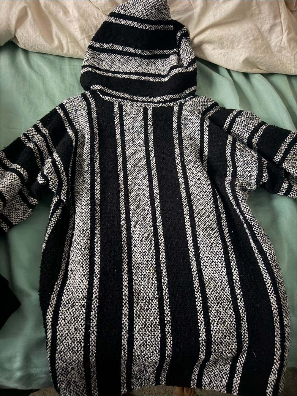 Black & White Striped Hooded uni-sex poncho straight from mexico